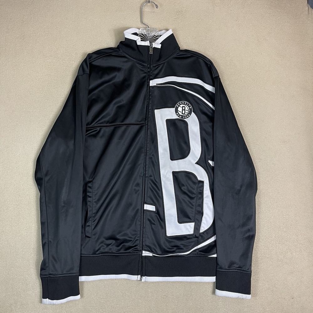 NBA Track Jacket Mens Large‎ Black Brooklyn Nets Embroidered Logo Full Zip